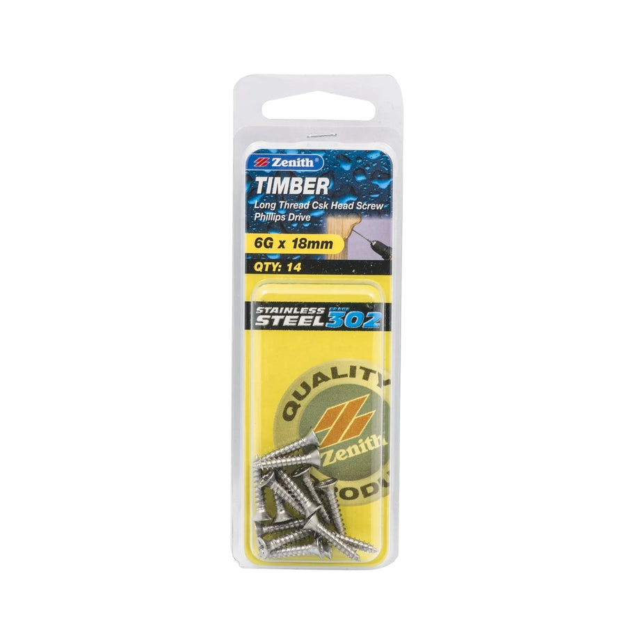Zenith S/S Screw CSK 6G x 18mm (14pk)