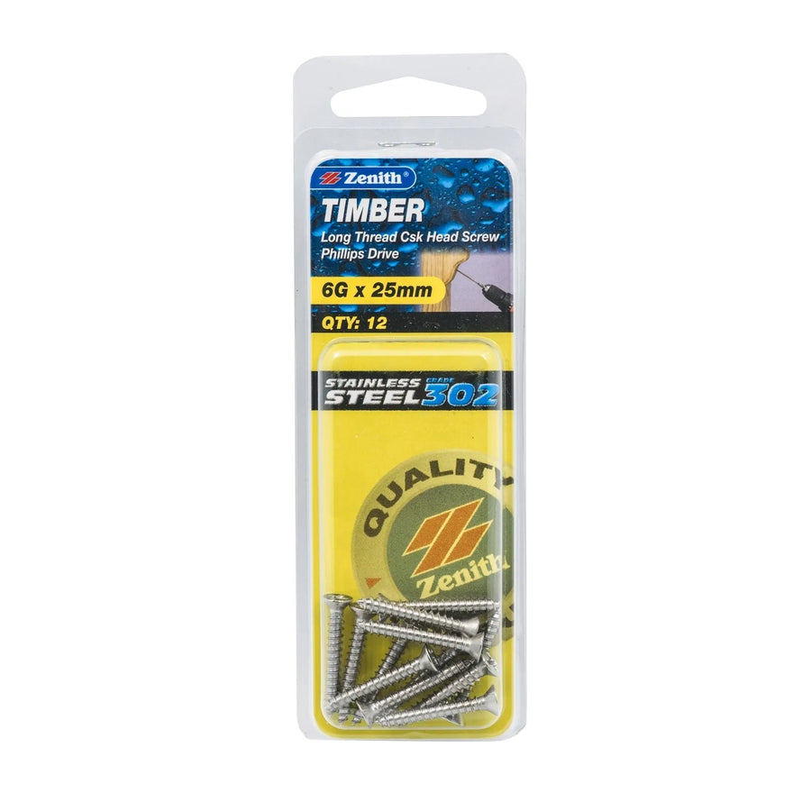 Zenith S/S Screw CSK 6G x 25mm (12pk)