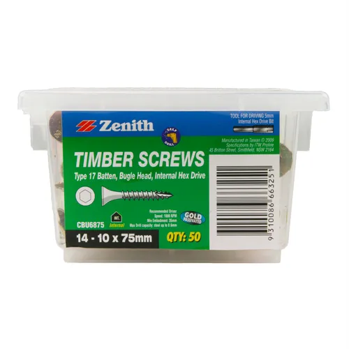 Zenith Screw Bugle Batten T17 14-10 x 75mm Gold Passivated Poly50