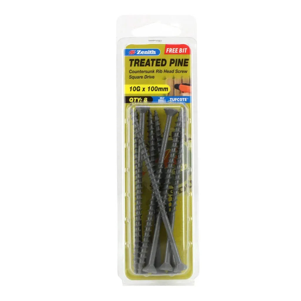 Zenith Screw Treated Pine Tufcote Square Drive 10g x 100mm - 8 Pack