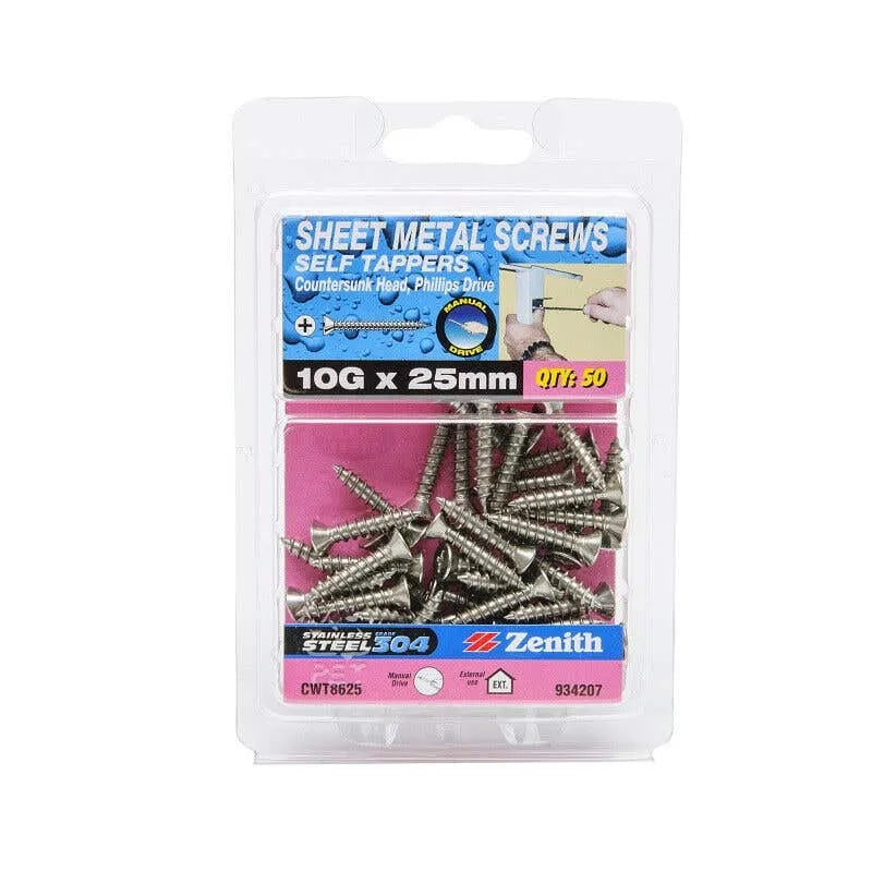 Zenith Self Tapping Screws Pan Head Stainless Steel 10g x 25mm - 50 Pack