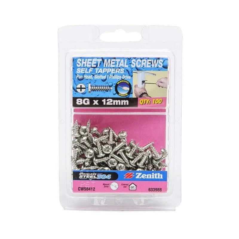 Zenith Self Tapping Screws Pan Head Stainless Steel 8G x 12mm - 100 Pack