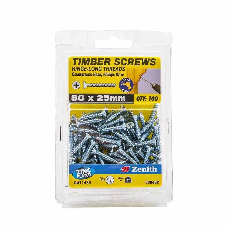 Zenith Timber Screws Countersunk ZP 8G x 25mm - 100 Pack