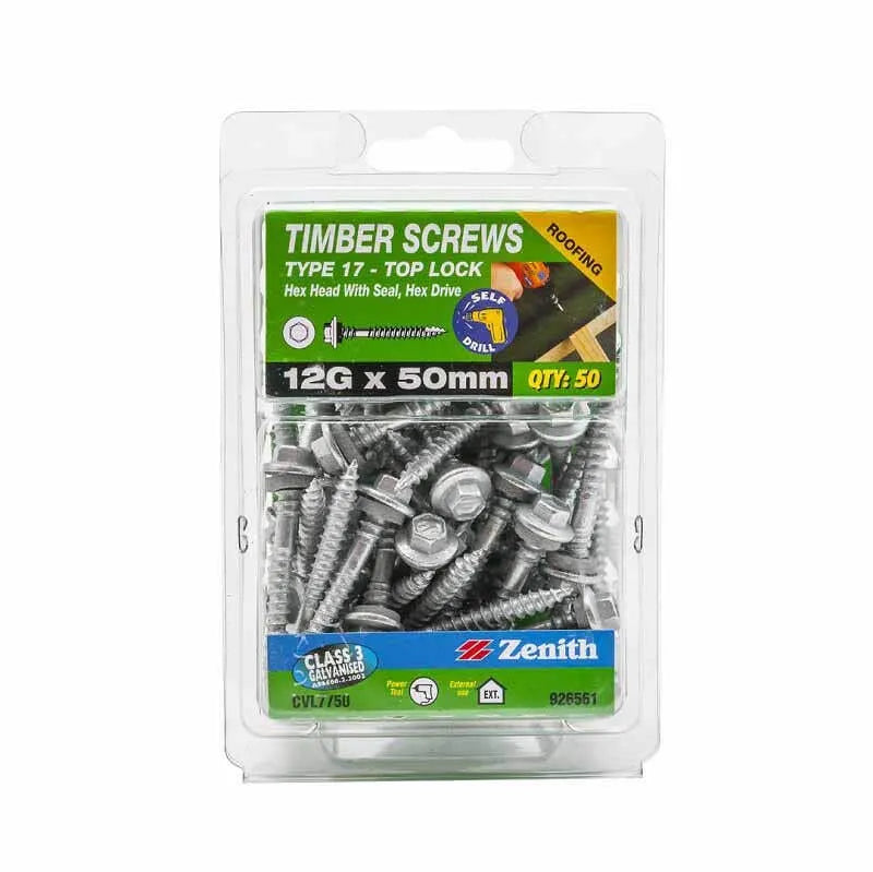 Zenith Timber Screws Hex Top Lock Galv 12G x 50mm - 50 Pack