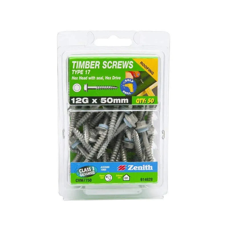 Zenith Timber Screws Hex with Seal Galv 12G x 50mm - 50 Pack