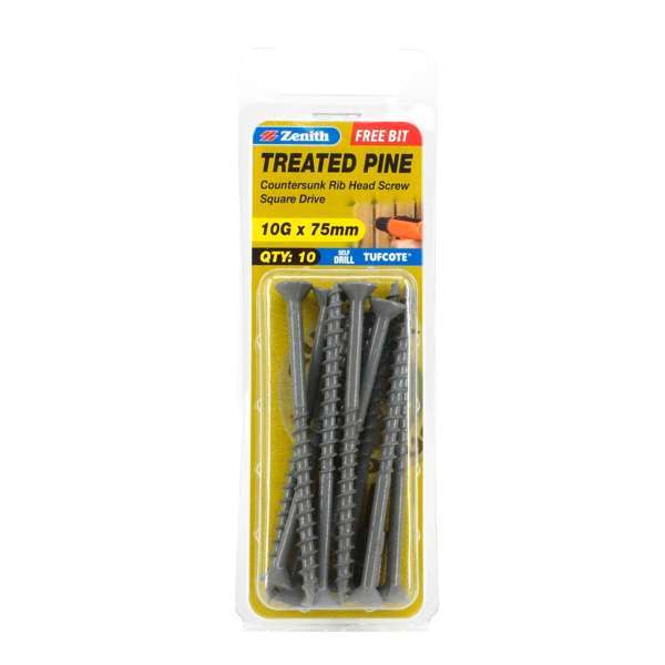 Zenith 10G x 75mm Tufcote Countersunk Rib Head Treated Pine Screws - 10 Pack