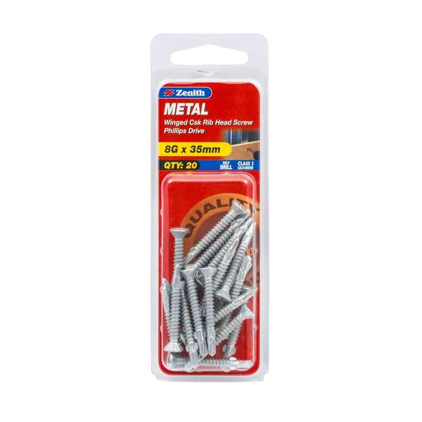 Zenith 8G x 35mm Galvanised Countersunk Ribbed Head Winged Screws - 20 Pack