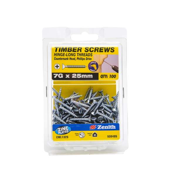 Zenith 7G x 25mm Zinc Plated Hinge-Long Thread Countersunk Head Timber Screws - 100 Pack