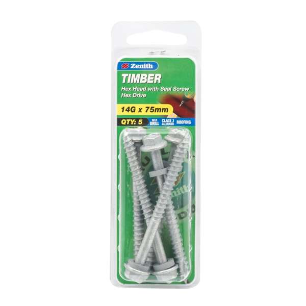 Zenith 14G x 75mm Galvanised Hex Head With Seal Timber Screws - 5 Pack