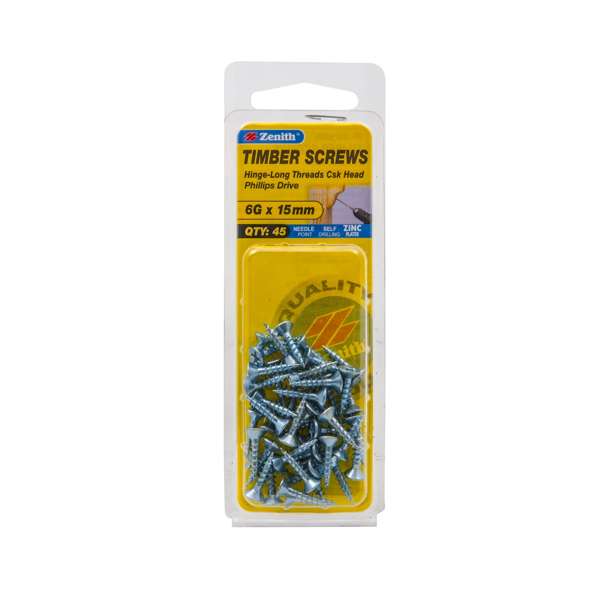 Zenith 6G x 15mm Zinc Plated Hinge-Long Thread Countersunk Head Timber Screws - 45 Pack