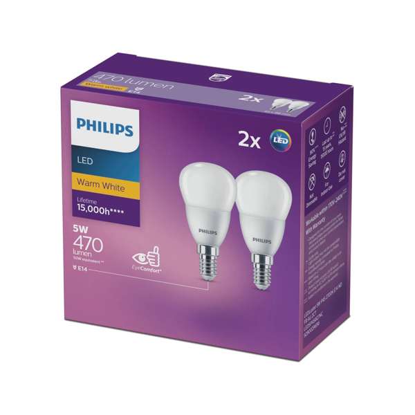 Philips Globe LED Fancy Round 5W SES 470LM Warm White - 2 Pack