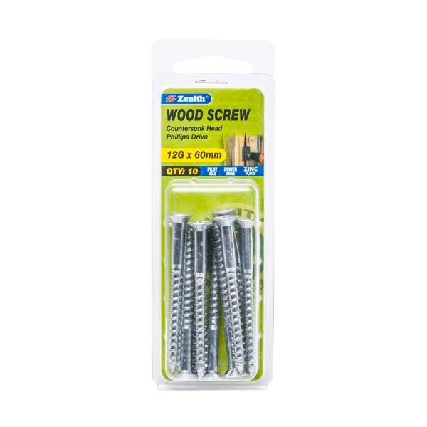 Zenith 12G x 60mm Zinc Plated Countersunk Head Wood Screws - 10 Pack