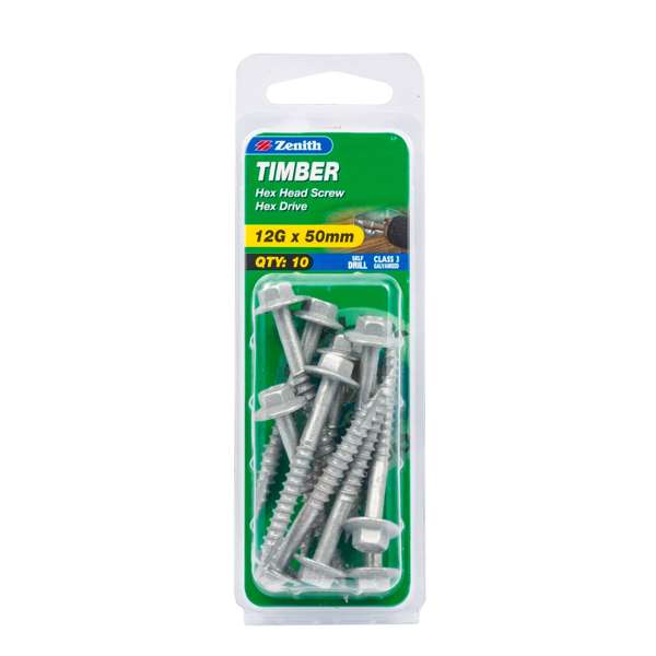 Zenith 12G x 50mm Galvanised Hex Head Timber Screws - 10 Pack