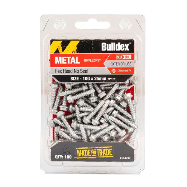 Buildex Ripple Zip C4 HexHead Screws 10g x 25mm Bx100