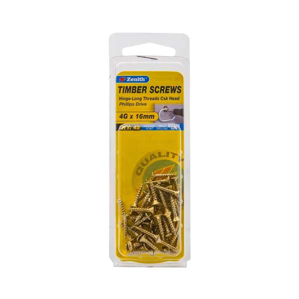 Zenith 4G x 16mm Brass Plated Hinge-Long Threads Countersunk Head Timber Screws - 45 Pack