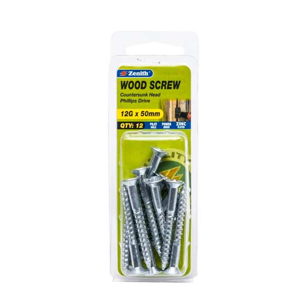 Zenith 12G x 50mm Zinc Plated Countersunk Head Wood Screws - 12 Pack