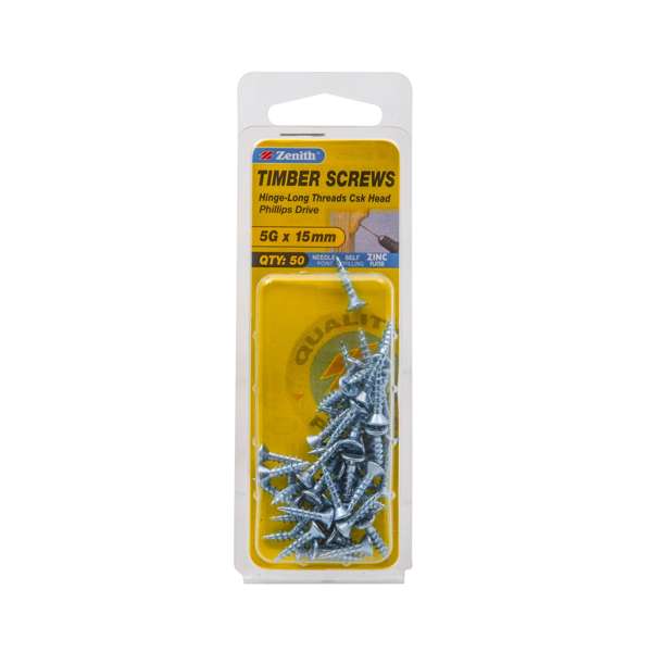 Zenith 5G x 15mm Zinc Plated Hinge-Long Threads Countersunk Head Timber Screws - 50 Pack