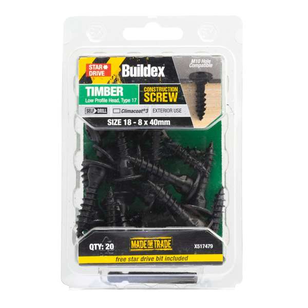 Buildex Timber Star Drive Black Construction Screws 18 x 40 Box 20