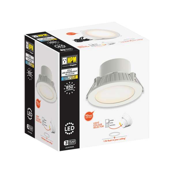 HPM Zyla 7W LED Tri-Colour Flush Downlight White 90mm 850lm