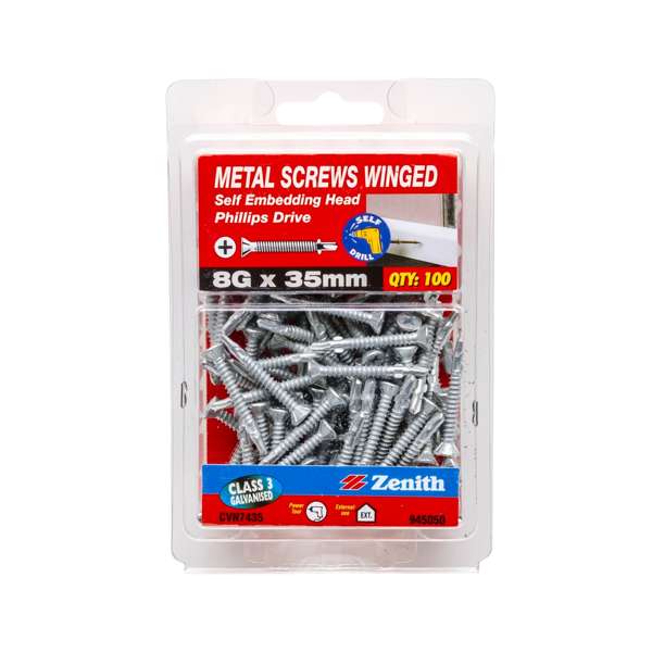 Zenith 8G x 35mm Galvanised Self Embedding Head Metal Screws Winged - 100 Pack