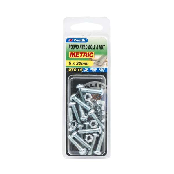 Zenith 5 x 20mm Zinc Plated Round Head Bolt And Nut - 14 Pack