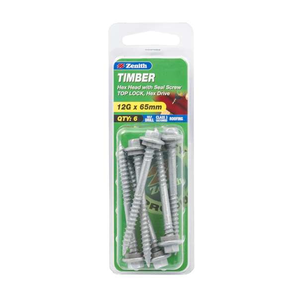 Zenith 12g x 65mm Galvanised Top Lock Hex Head With Seal Timber Screws - 8 Pack