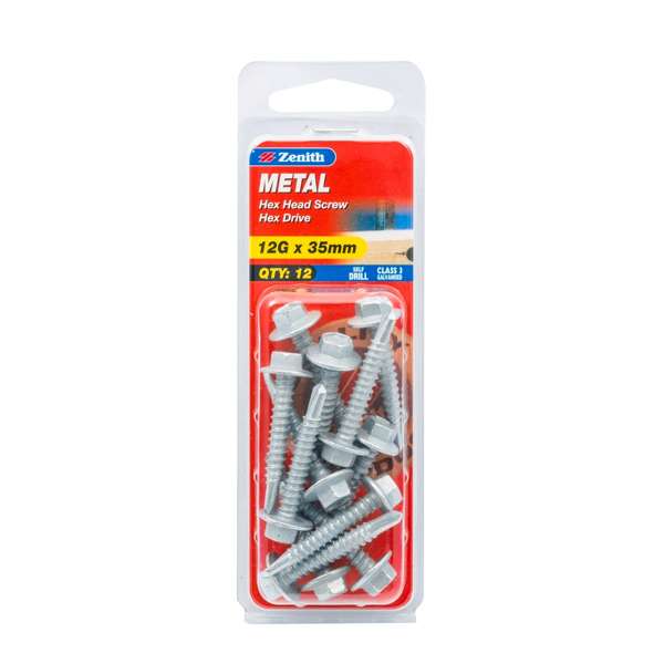 Zenith 12G x 35mm Galvanised Hex Head Metal Screws - 12 Pack