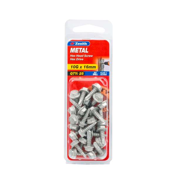 Zenith 10G x 16mm Galvanised Hex Head Metal Screws - 25 Pack