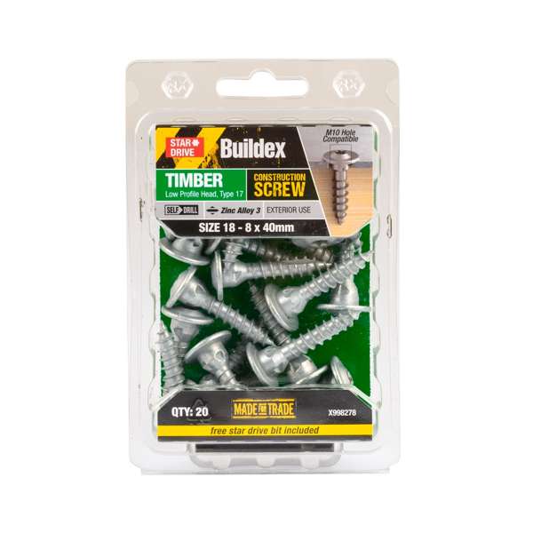 Buildex 18 - 8 x 40mm Zinc Alloy 3 Star Head Timber Construction Screws - 20 Pack