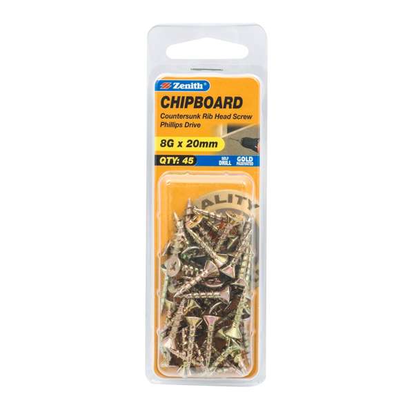 Zenith 8G x 20mm Countersunk Rib Head Chipboard Screws - 45 Pack