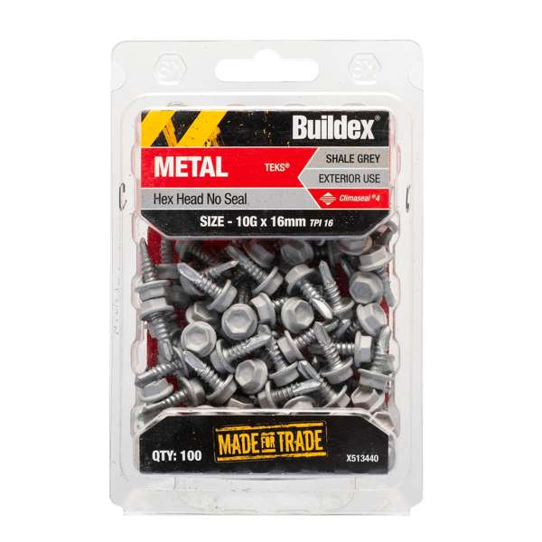 Buildex Metal C4 HexHead No Seal Tek Screws 10g x 16 mm Shale Grey Bx100