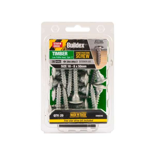 Buildex 18 - 8 x 50mm Zinc Alloy 3 Star Head Timber Construction Screws - 20 Pack