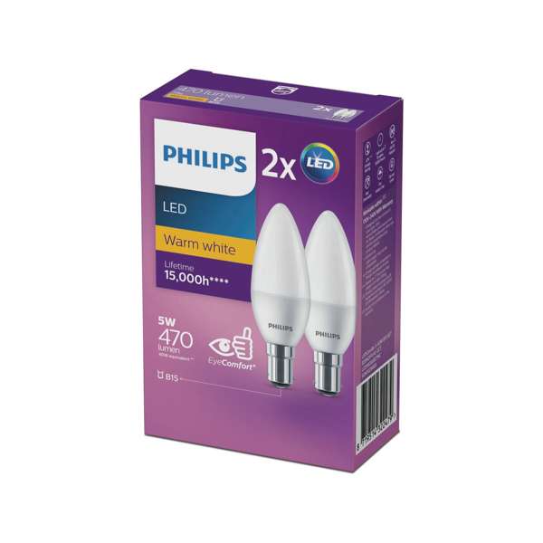 Philips Globe LED Candle 5W SBC 470LM Warm White - 2 Pack