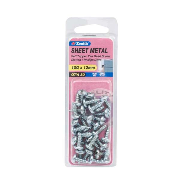 Zenith 10G x 12mm Zinc Plated Self Tapper Pan Head Sheet Metal Screws - 30 Pack