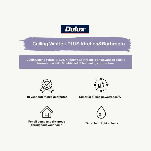 Dulux White Ceiling +PLUS Kitchen and Bathroom Paint - 4L