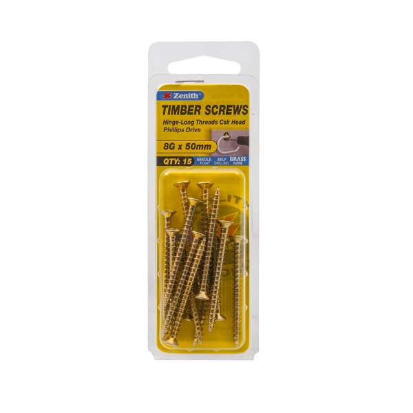 Zenith 8G x 50mm Brass Plated Hinge-Long Thread Countersunk Head Timber Screws - 15 Pack