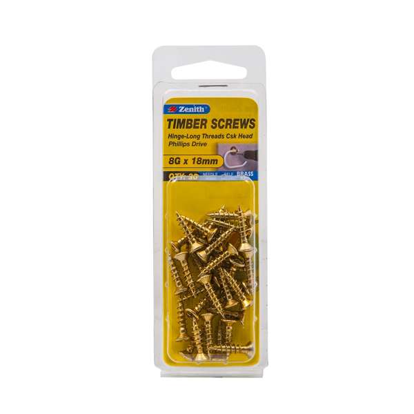 Zenith 8G x 20mm Brass Plated Hinge-Long Threads Countersunk Head Timber Screws - 30 Pack