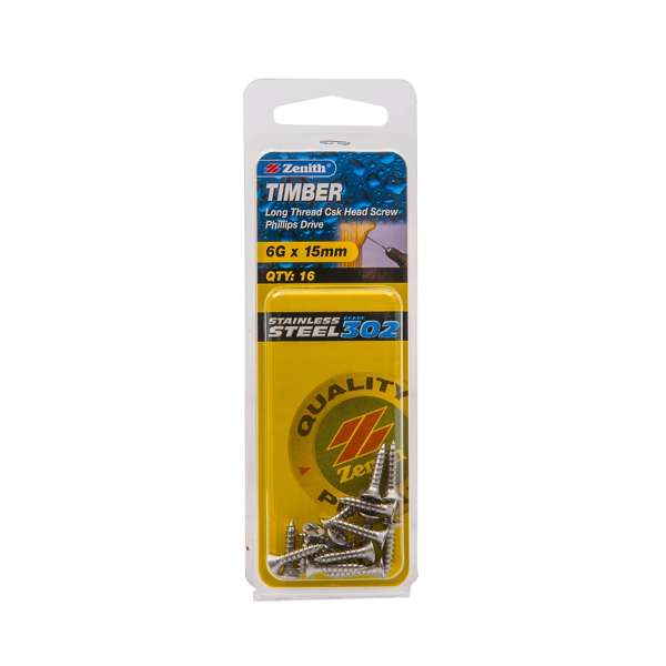 Zenith 6G x 15mm Stainless Steel Long Thread Countersunk Head Timber Screws - 16 Pack