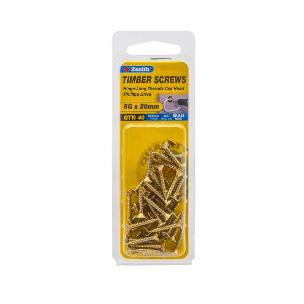 Zenith 6G x 20mm Brass Plated Hinge-Long Threads Countersunk Head Timber Screws - 40 Pack