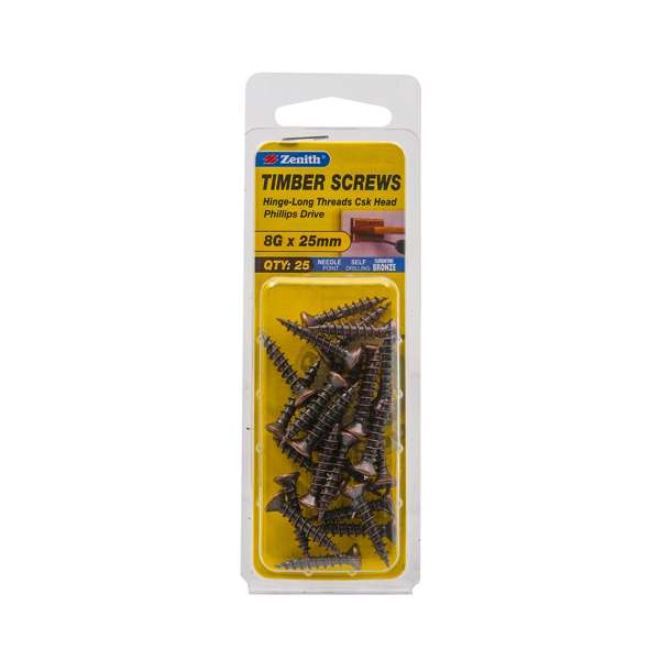 Zenith 8G x 25mm Florentine Bronze Hinge-Long Threads Countersunk Head Timber Screws - 25 Pack