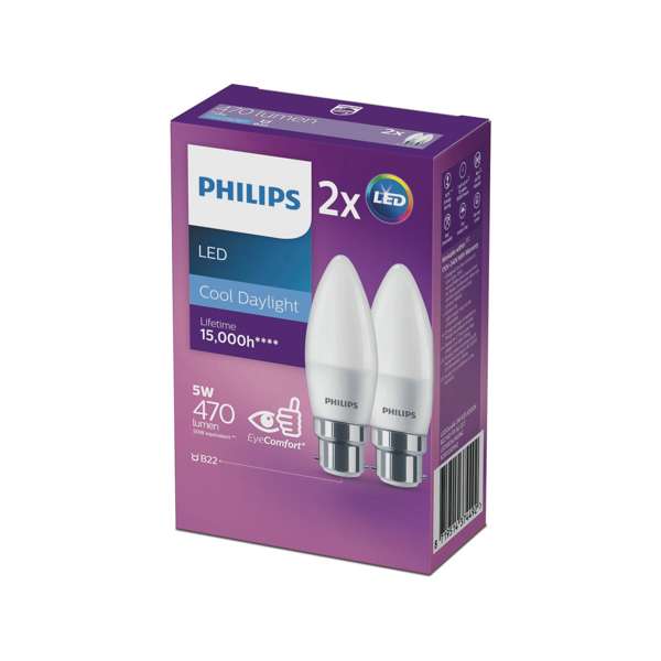 Philips Globe LED Candle 5W BC 470LM Cool Daylight - 2 Pack