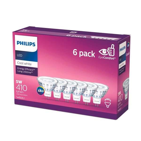 Philips 5W MR16 LED 410Lm Cool White Spot - 6 Pack