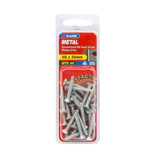 Zenith 8G x 30mm Galvanised Countersunk Rib Head Metal Screws - 25 Pack