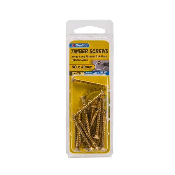 Zenith 8G x 40mm Brass Plated Hinge-Long Threads Countersunk Head Timber Screws - 20 Pack