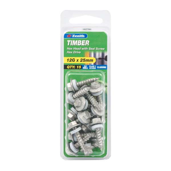 Zenith 12G x 25mm Galvanised Hex Head With Seal Timber Screws - 15 Pack