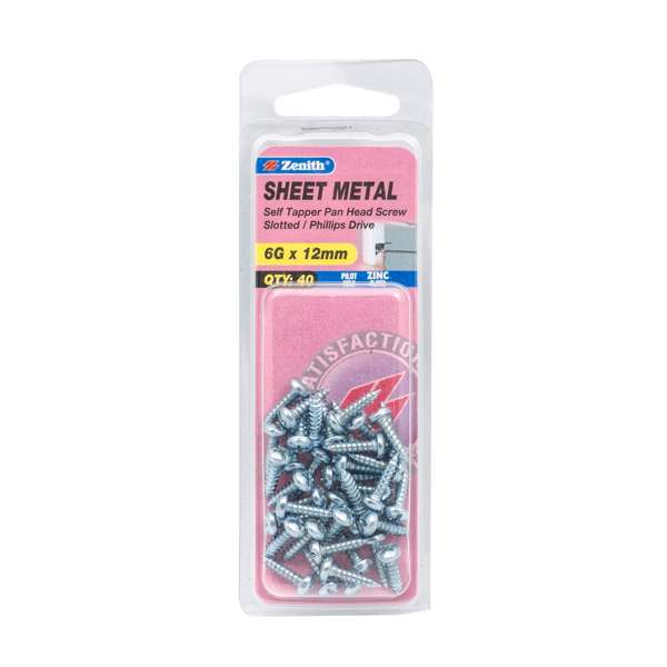 Zenith 6G x 12mm Zinc Plated Self Tapper Pan Head Sheet Metal Screws - 40 Pack