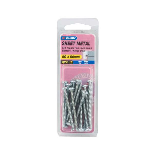 Zenith 8G x 50mm Zinc Plated Self Tapper Pan Head Screws - 18 Pack