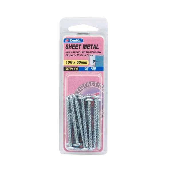 Zenith 10G x 50mm Zinc Plated Self Tapper Pan Head Screws - 14 Pack