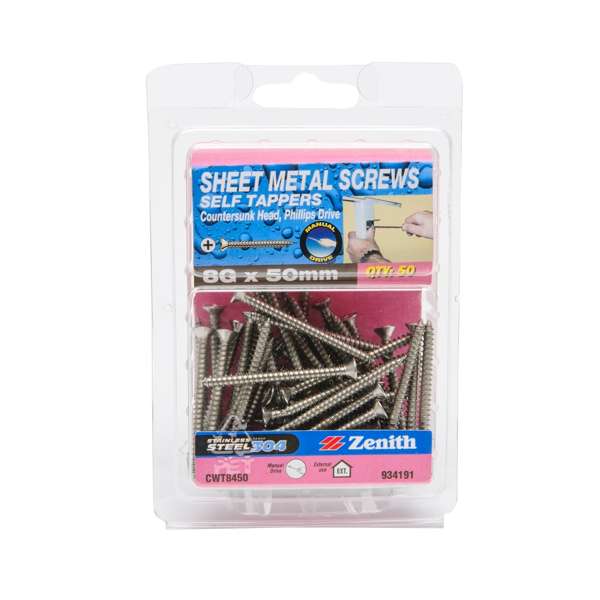 Zenith 8G x 50mm Stainless Steel Countersunk Head Sheet Metal Screws - 50 Pack