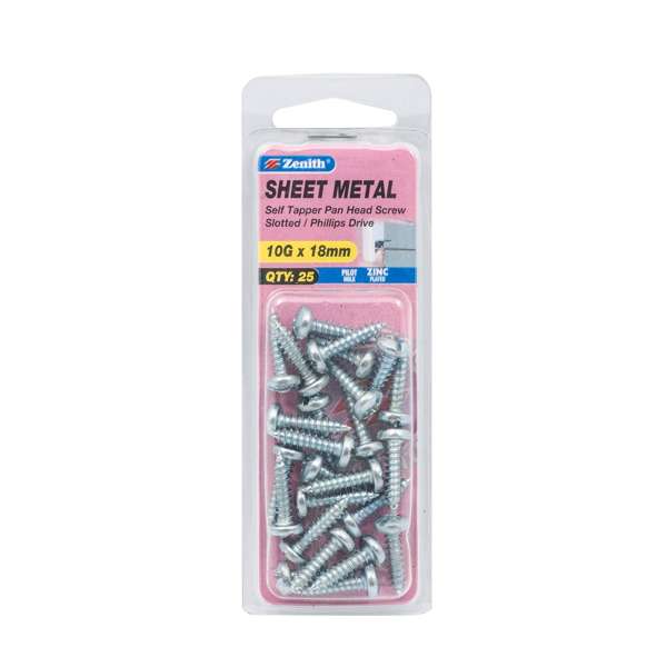 Zenith 10G x 18mm Zinc Plated Self Tapper Pan Head Sheet Metal Screws - 25 Pack